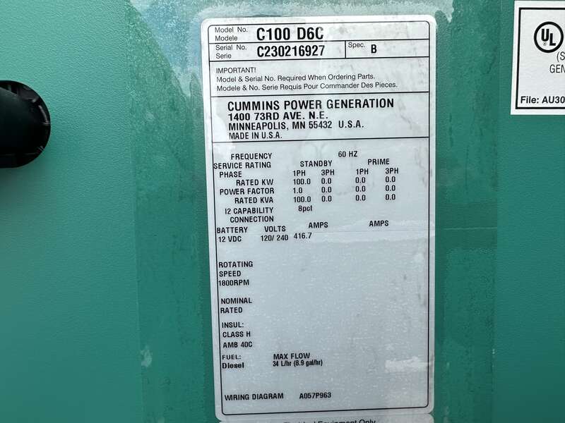 New Cummins C100D6C QSB5-G13 Diesel Generator, EPA Tier 3 - Single Phase