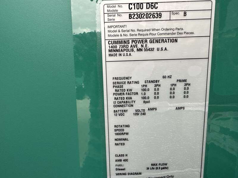 New Cummins C100D6C QSB5-G13 Diesel Generator, EPA Tier 3 - Single Phase