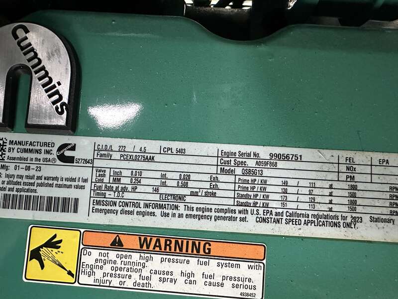 New Cummins C100D6C QSB5-G13 Diesel Generator, EPA Tier 3 - Single Phase