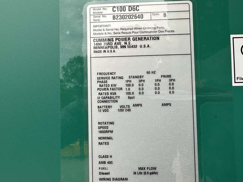 New Cummins C100D6C QSB5-G13 Diesel Generator, EPA Tier 3 - Single Phase