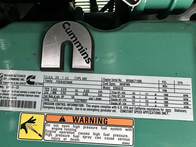 New Cummins C100D6C QSB5-G13 Diesel Generator, EPA Tier 3 - Single Phase