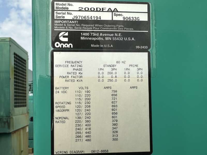 Used Cummins DFAA LTA10-G1 Diesel Generator, 417 Hrs