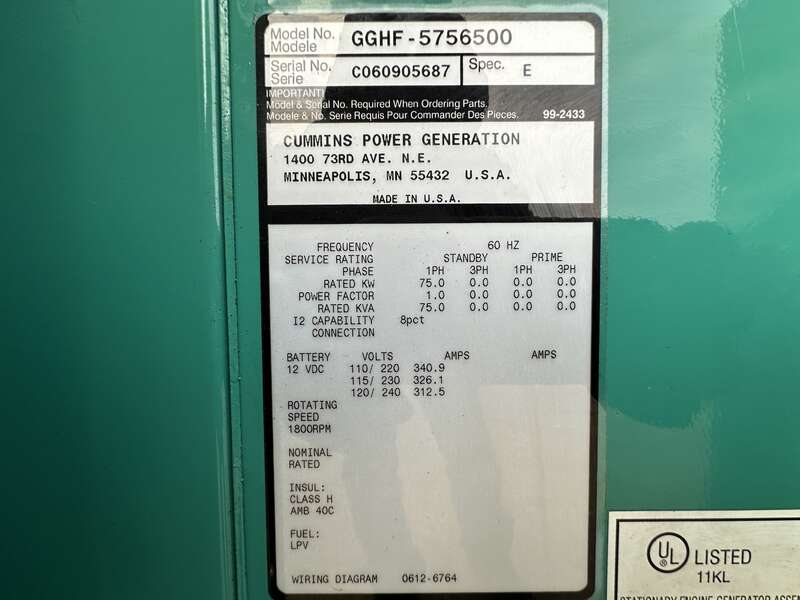 Used Cummins GGHF Natural Gas / Propane Generator, 418 Hrs Single Phase