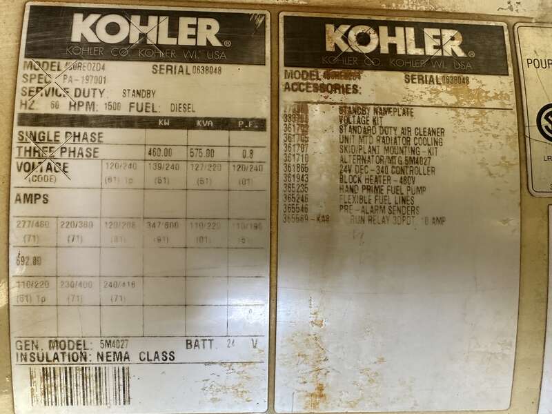 Used Kohler 450REOZD4 Diesel Generator, 1028 Hrs