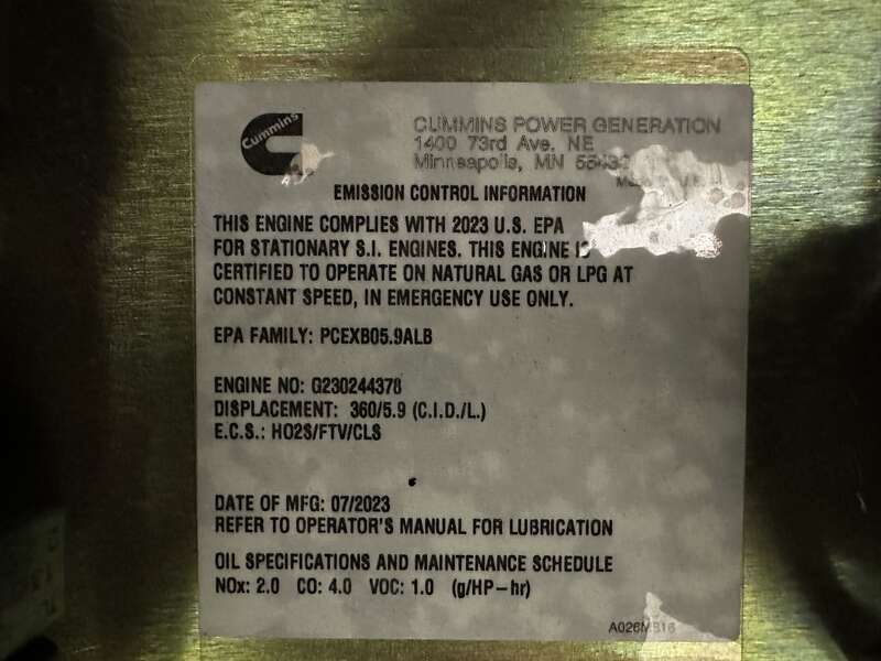 New Cummins C100N6 QSJ8.9G Natural Gas / Propane Generator, EPA Certified