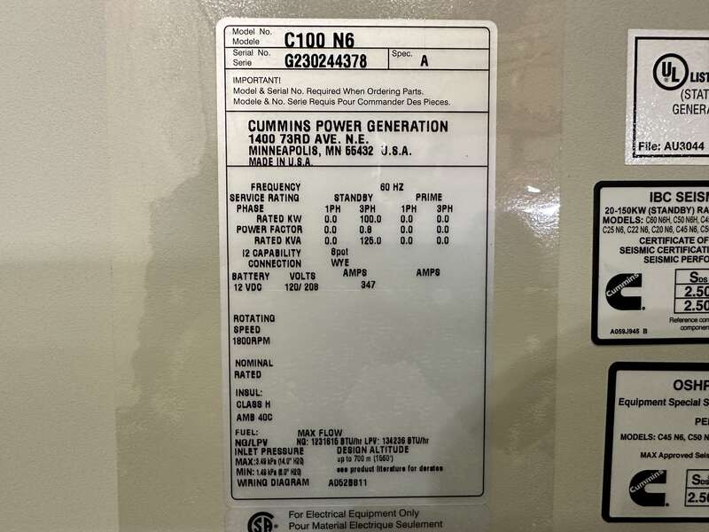 New Cummins C100N6 QSJ8.9G Natural Gas / Propane Generator, EPA Certified