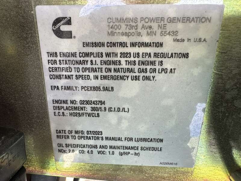 New Cummins C80N6 QSJ5.9G Natural Gas / Propane Generator, EPA Certified