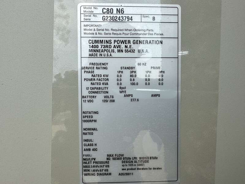 New Cummins C80N6 QSJ5.9G Natural Gas / Propane Generator, EPA Certified