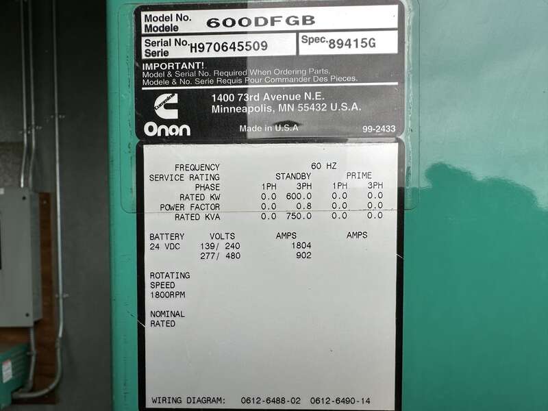 Used Cummins DFGB VTA28-G5 Diesel Generator, 2077 Hrs