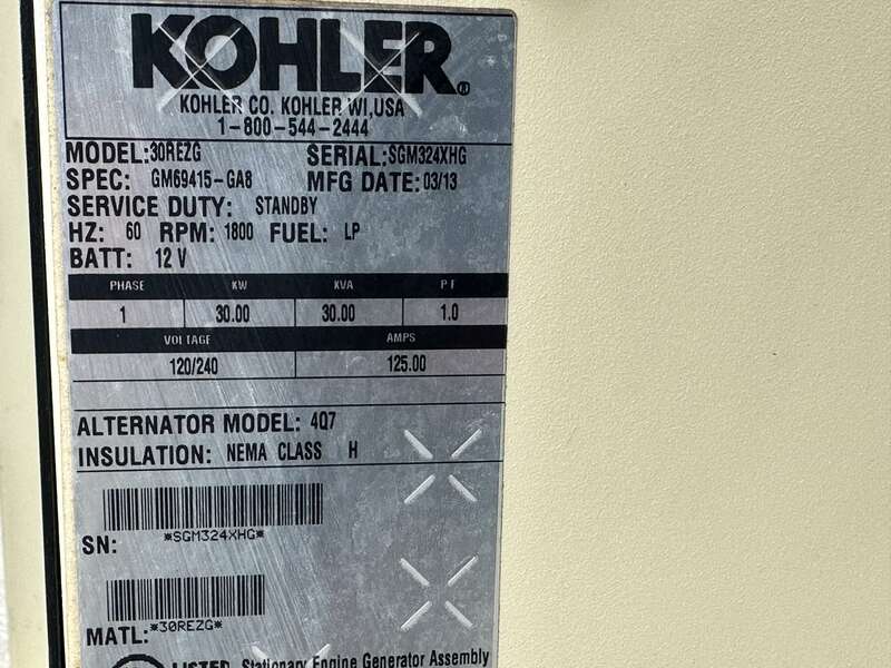 Used Kohler 30REZG Natural Gas / Propane Generator  11,099 Hrs EPA Certified, Single Phase
