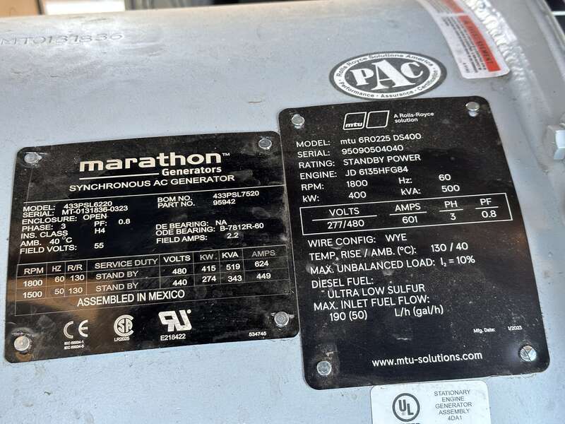 New MTU DS400 John Deere 613HF84 Diesel Generator, 0 Hrs, EPA Tier 3