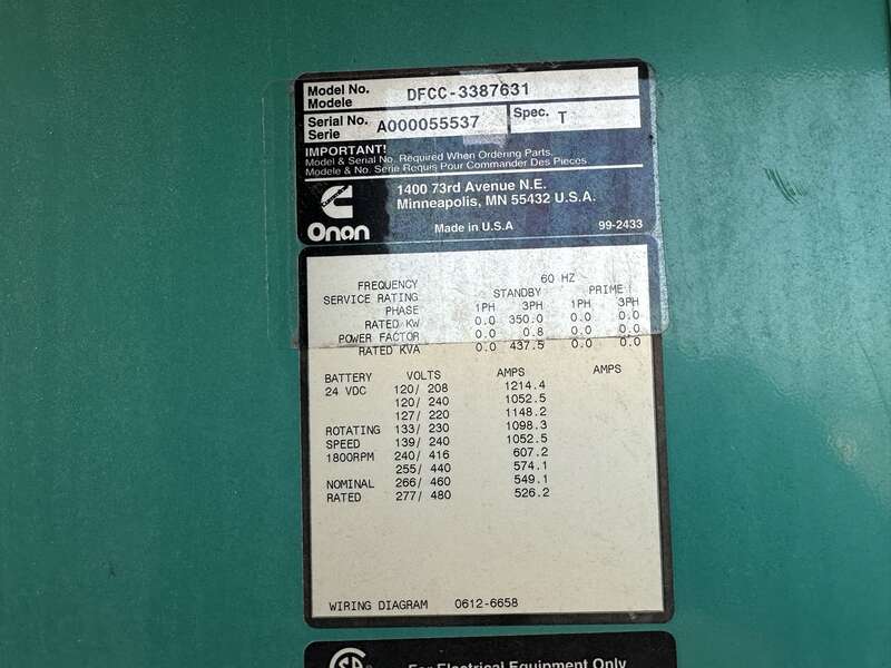 Used Cummins 350DFCC NTA-855-G3 Diesel Generator, 646 Hrs