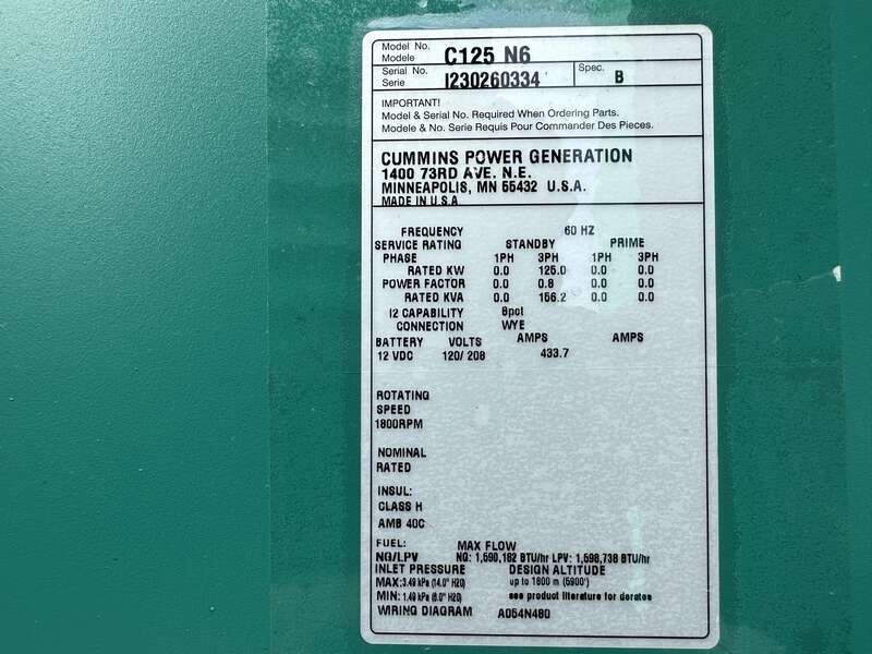 New Cummins C125N6 QSJ8.9G Natural Gas / Propane Generator, EPA Certified