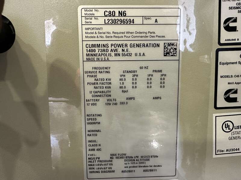 New Cummins C80N6 QSJ5.9G Natural Gas / Propane Generator, EPA Certified - Single Phase