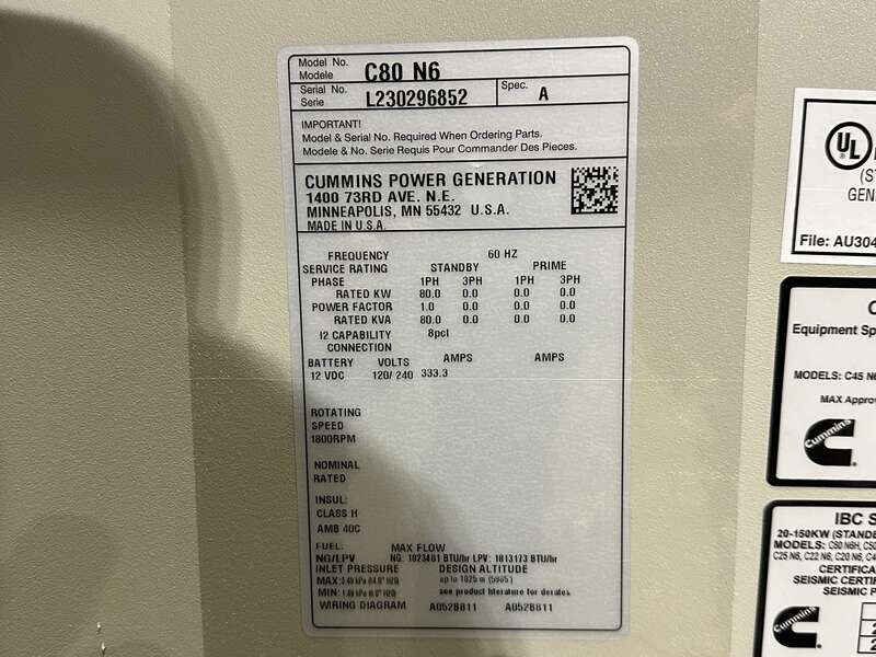 New Cummins C80N6 QSJ5.9G Natural Gas / Propane Generator, EPA Certified - Single Phase