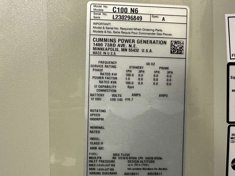 New Cummins C100N6 QSJ8.9G Natural Gas / Propane Generator, EPA Certified - Single Phase