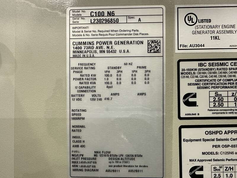 New Cummins C100N6 QSJ8.9G Natural Gas / Propane Generator, EPA Certified - Single Phase