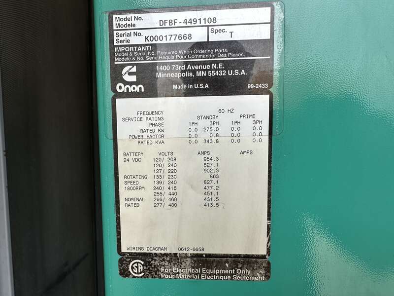 Used Cummins 275DFBF Diesel Generator, 800 Hrs