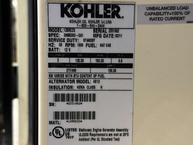 Used Kohler 125REZG Natural Gas / Propane Generator, 265 Hrs, EPA Certified