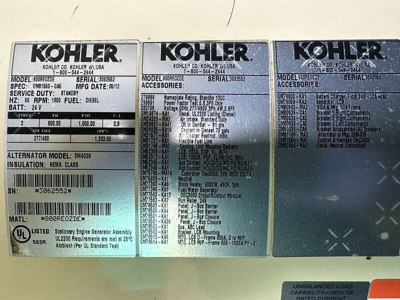 Used Kohler 800REOZDE Diesel Generator, 285 Hrs, EPA Tier 2