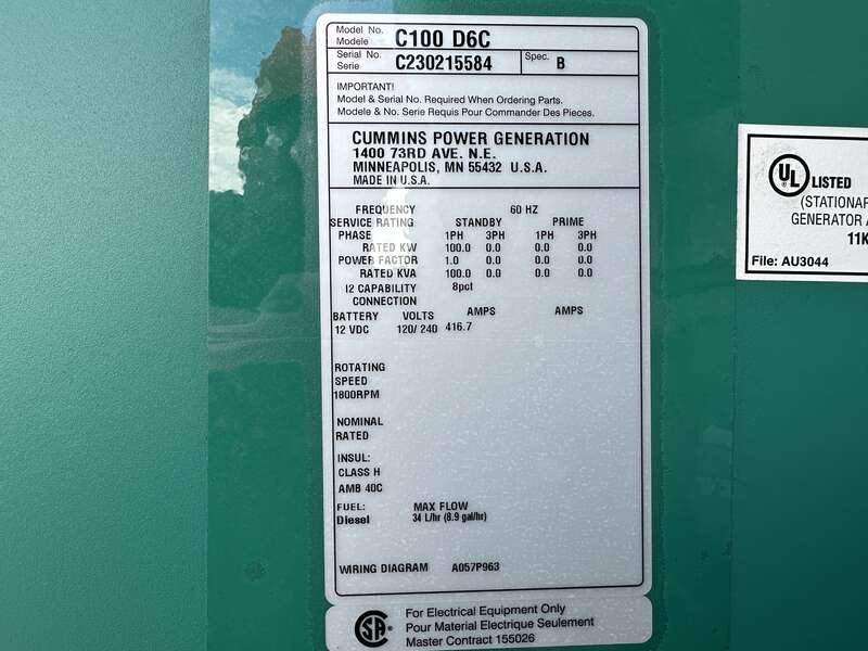 New Cummins C100D6C QSB5-G13 Diesel Generator, EPA Tier 3 - Single Phase