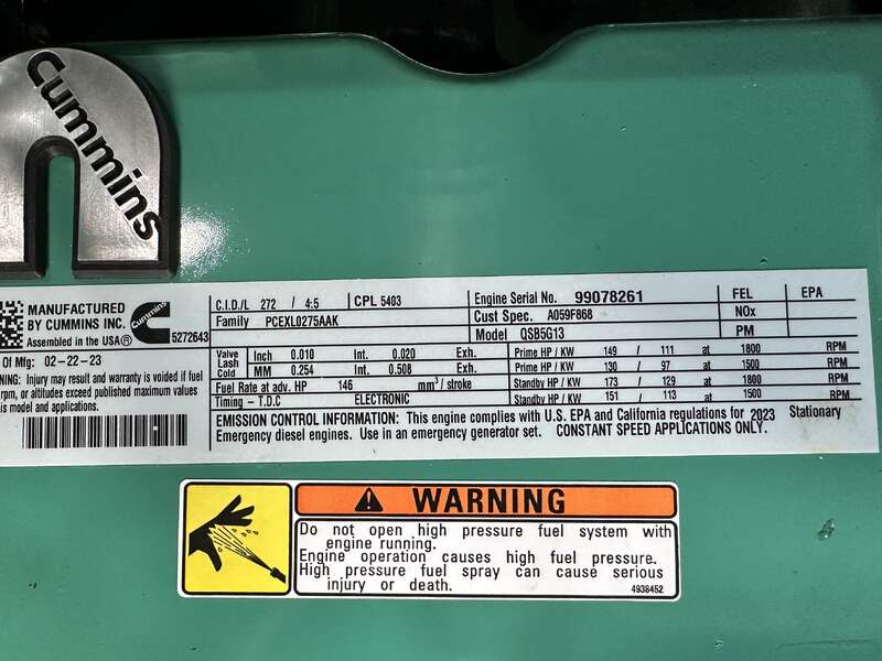 New Cummins C100D6C QSB5-G13 Diesel Generator, EPA Tier 3 - Single Phase