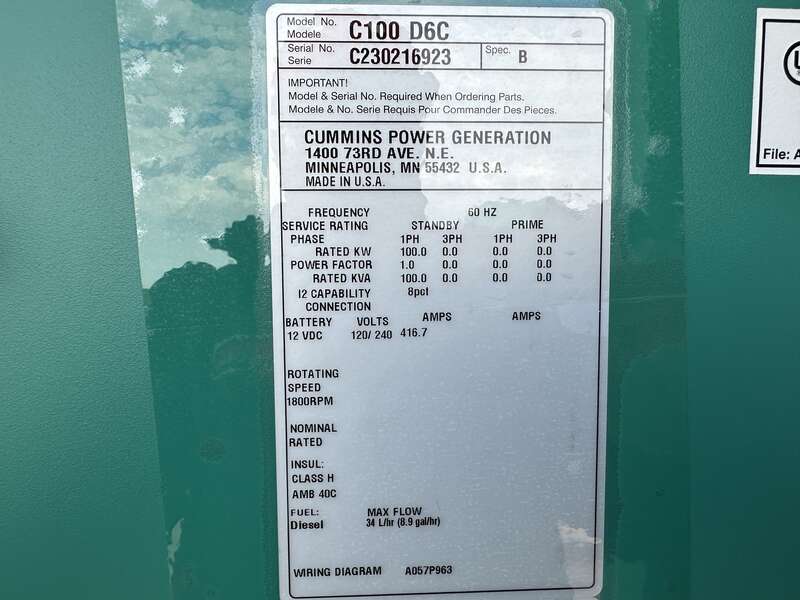 New Cummins C100D6C QSB5-G13 Diesel Generator, EPA Tier 3 - Single Phase