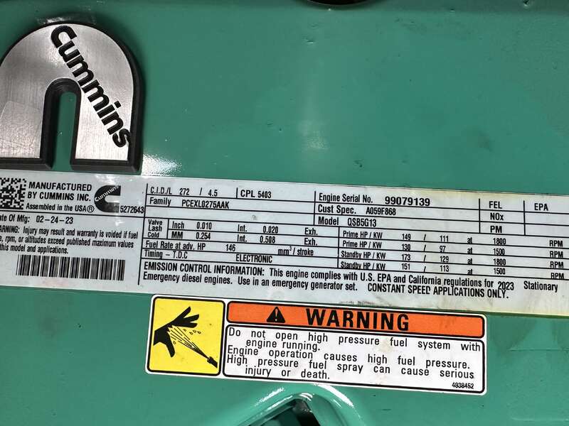 New Cummins C100D6C QSB5-G13 Diesel Generator, EPA Tier 3 - Single Phase