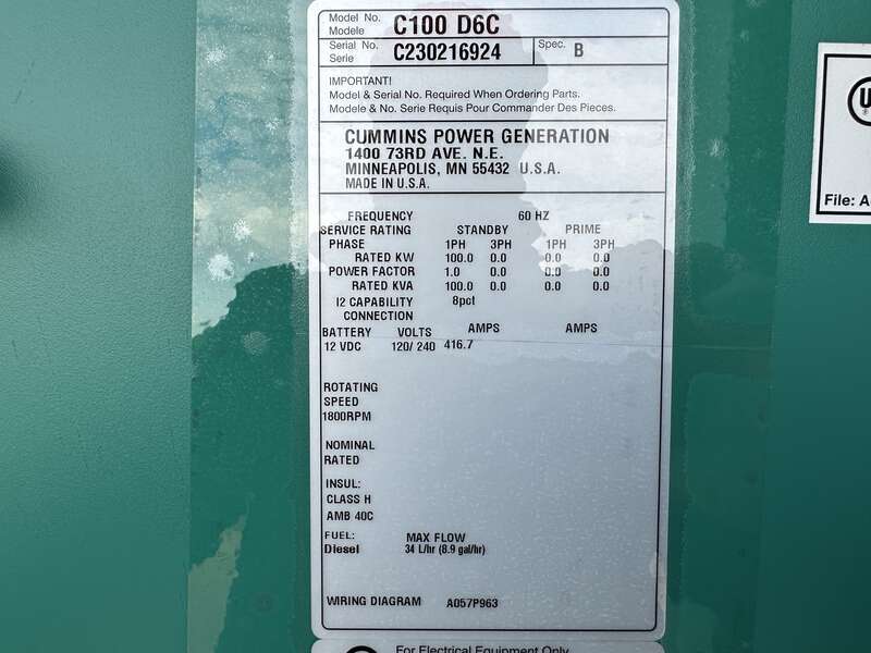 New Cummins C100D6C QSB5-G13 Diesel Generator, EPA Tier 3 - Single Phase