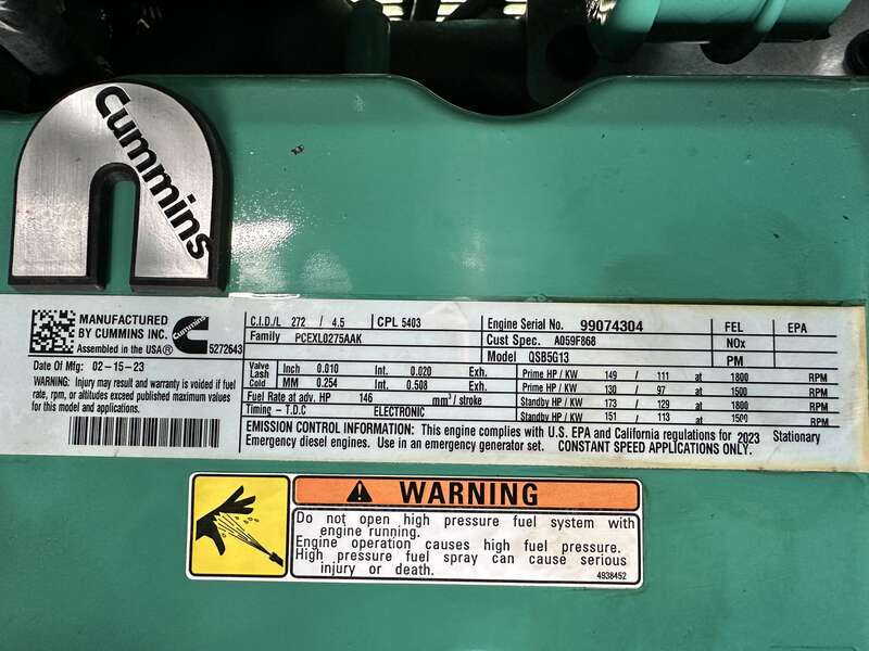 New Cummins C100D6C QSB5-G13 Diesel Generator, EPA Tier 3 - Single Phase