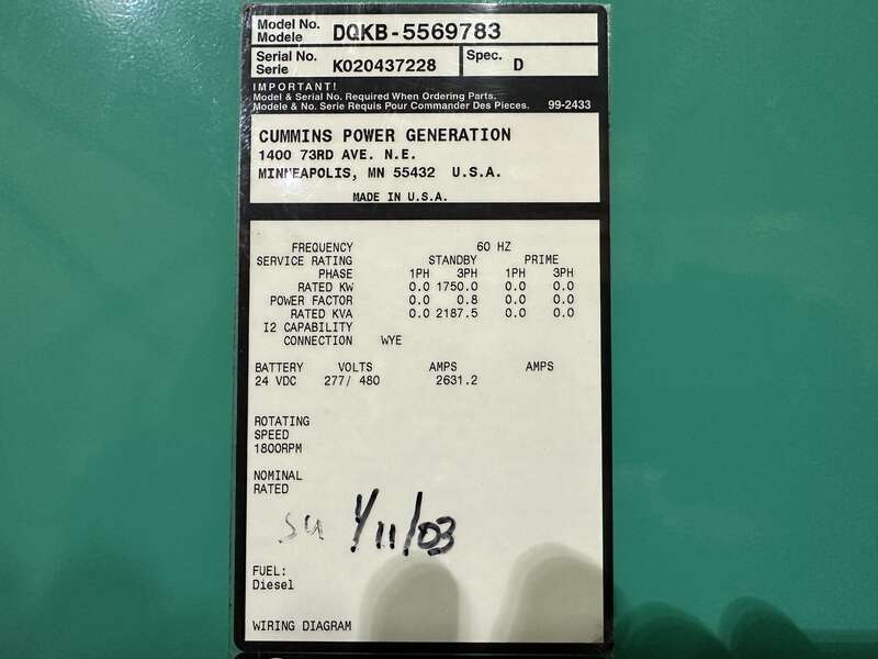 Used Cummins DQKB QSK60-G6 Diesel Generator 253 Hrs