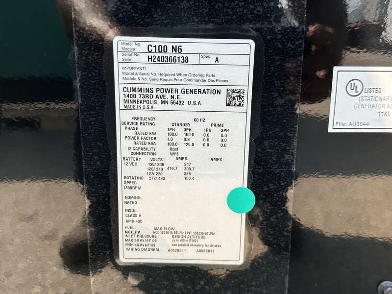New Cummins C100N6 QSJ8.9G Natural Gas / Propane Generator, EPA Certified 1 or 3 Phase