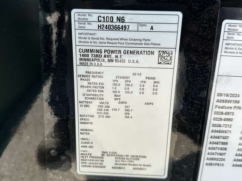 New Cummins C100N6 QSJ8.9G Natural Gas / Propane Generator, EPA Certified 1 or 3 Phase