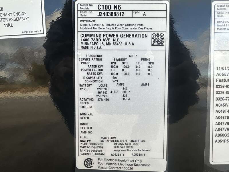 New Cummins C100N6 QSJ8.9G Natural Gas / Propane Generator, EPA Certified 1 or 3 Phase