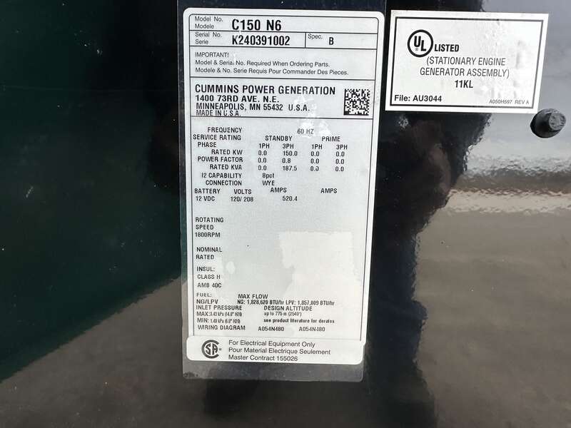New Cummins C150N6 QSJ8.9G Natural Gas / Propane Generator, EPA Certified