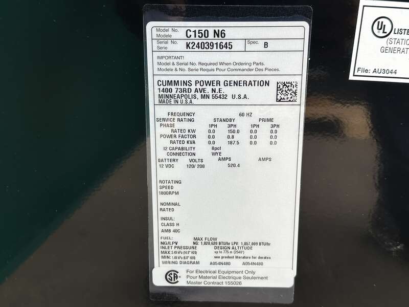 New Cummins C150N6 QSJ8.9G Natural Gas / Propane Generator, EPA Certified