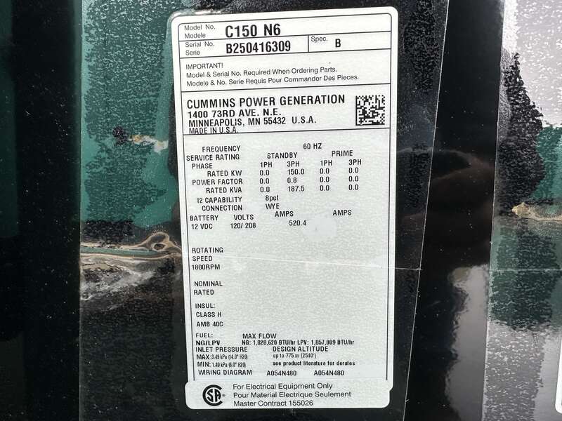 New Cummins C150N6 QSJ8.9G Natural Gas / Propane Generator, EPA Certified