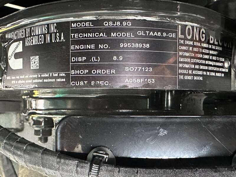 New Cummins C150N6 QSJ8.9G Natural Gas / Propane Generator, EPA Certified