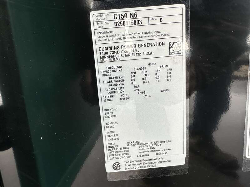 New Cummins C150N6 QSJ8.9G Natural Gas / Propane Generator, EPA Certified