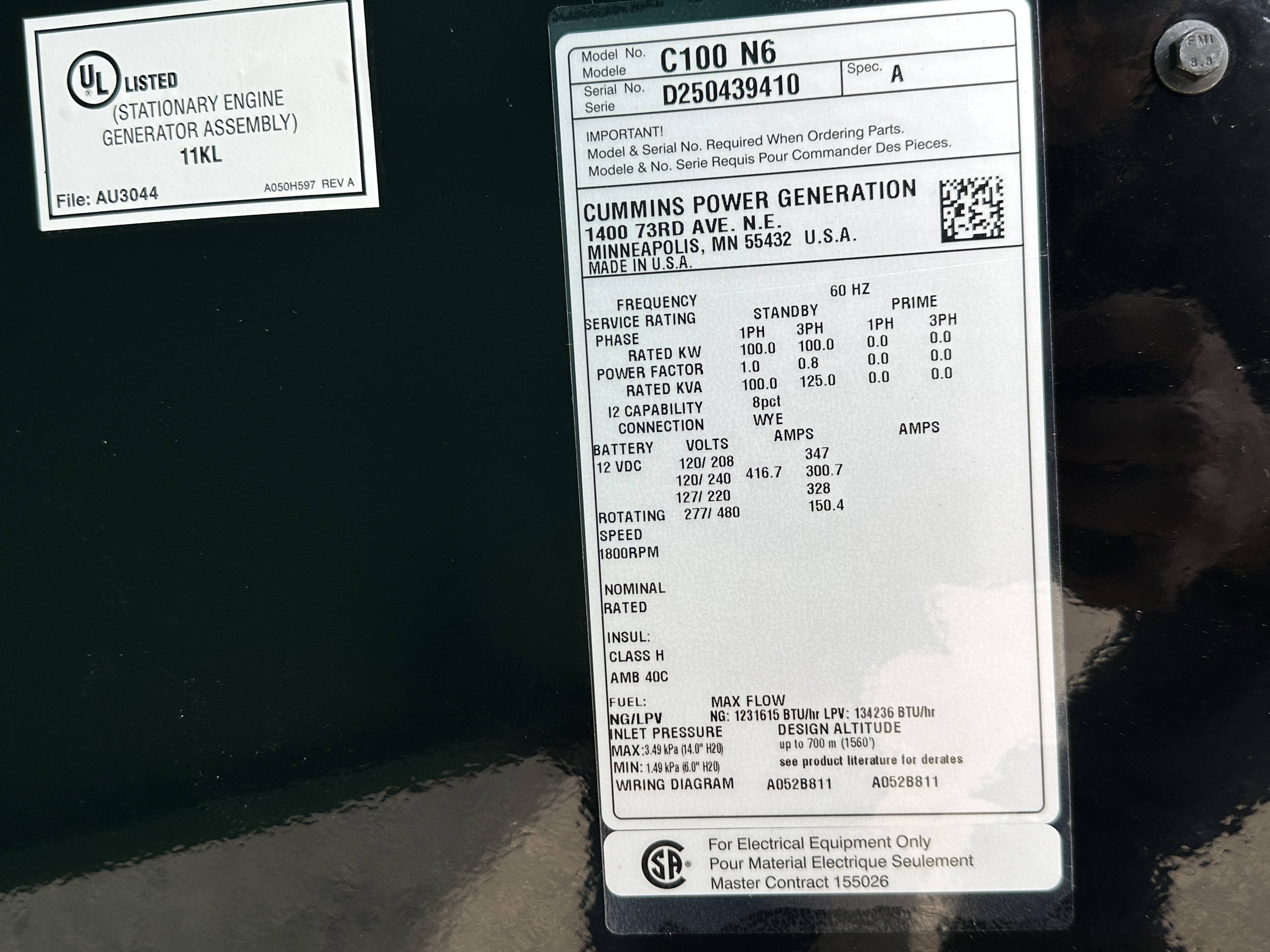 New Cummins C100N6 QSJ8.9G Natural Gas / Propane Generator | EPA