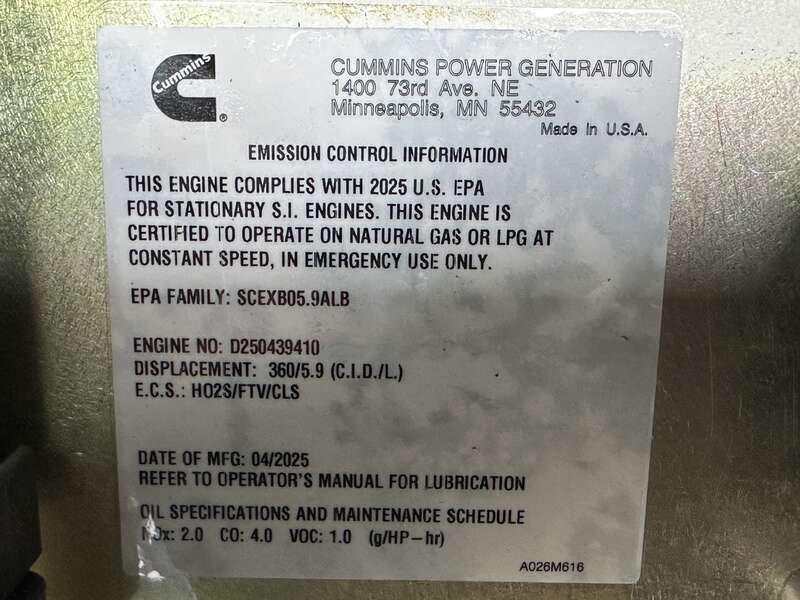 New Cummins C100N6 QSJ8.9G Natural Gas / Propane Generator, EPA Certified 1 or 3 Phase