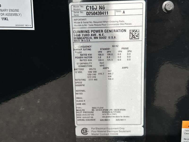 New Cummins C100N6 QSJ8.9G Natural Gas / Propane Generator, EPA Certified 1 or 3 Phase