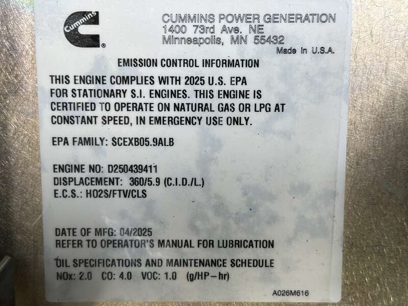 New Cummins C100N6 QSJ8.9G Natural Gas / Propane Generator, EPA Certified 1 or 3 Phase