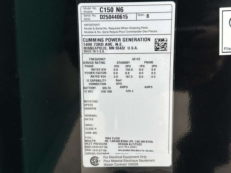 New Cummins C150N6 QSJ8.9G Natural Gas / Propane Generator, EPA Certified