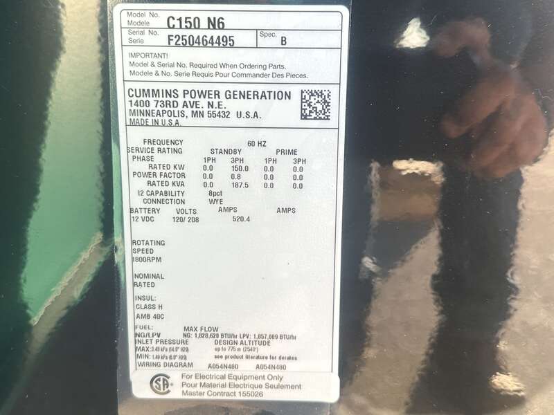 New Cummins C150N6 QSJ8.9G Natural Gas / Propane Generator, EPA Certified