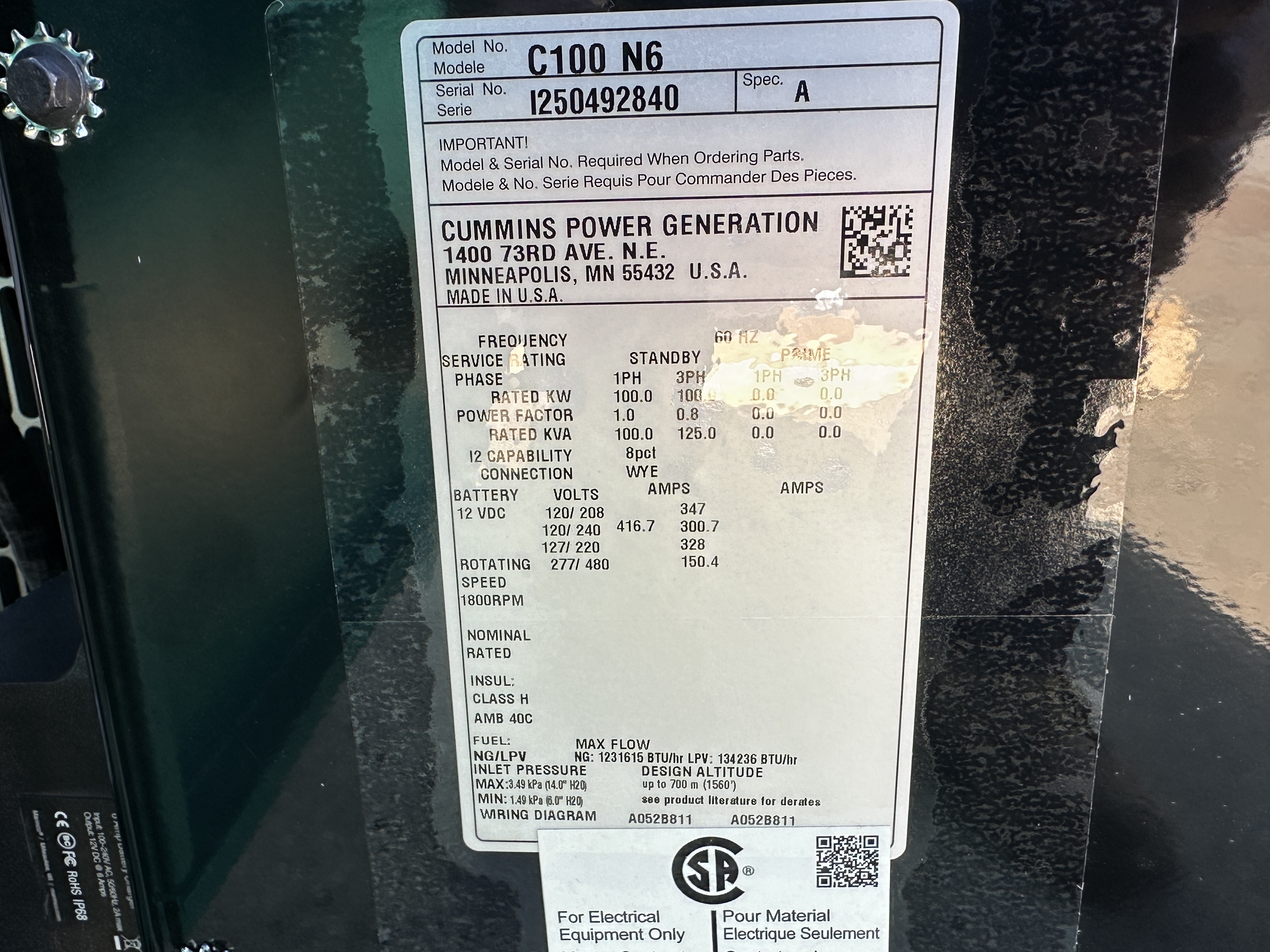 New Cummins C100N6 QSJ8.9G Natural Gas / Propane Generator | EPA