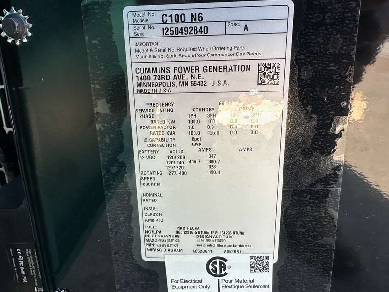New Cummins C100N6 QSJ8.9G Natural Gas / Propane Generator, EPA Certified 1 or 3 Phase