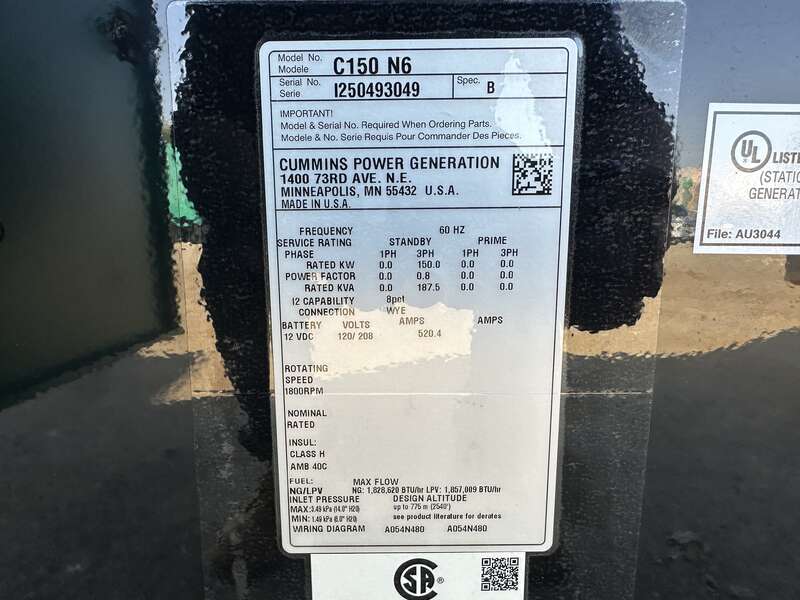 New Cummins C150N6 QSJ8.9G Natural Gas / Propane Generator, EPA Certified