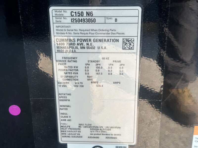 New Cummins C150N6 QSJ8.9G Natural Gas / Propane Generator, EPA Certified 