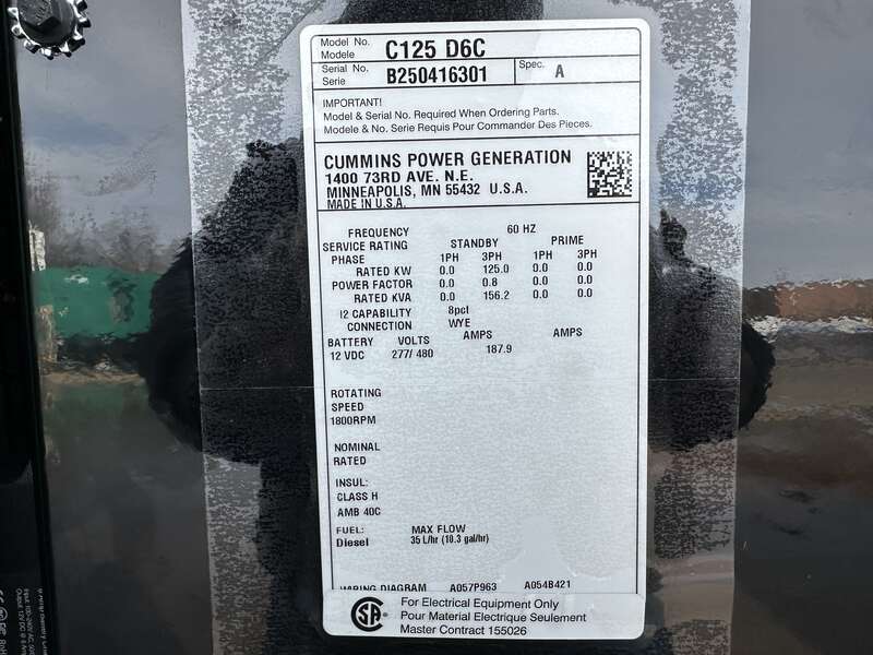 New Cummins C125D6C QSB5-G6 NR3 Diesel Generator, EPA Tier 3